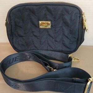 Nylon Navy Blue Crossbody Shoulder Bag With Three Gold Zipper Compartments